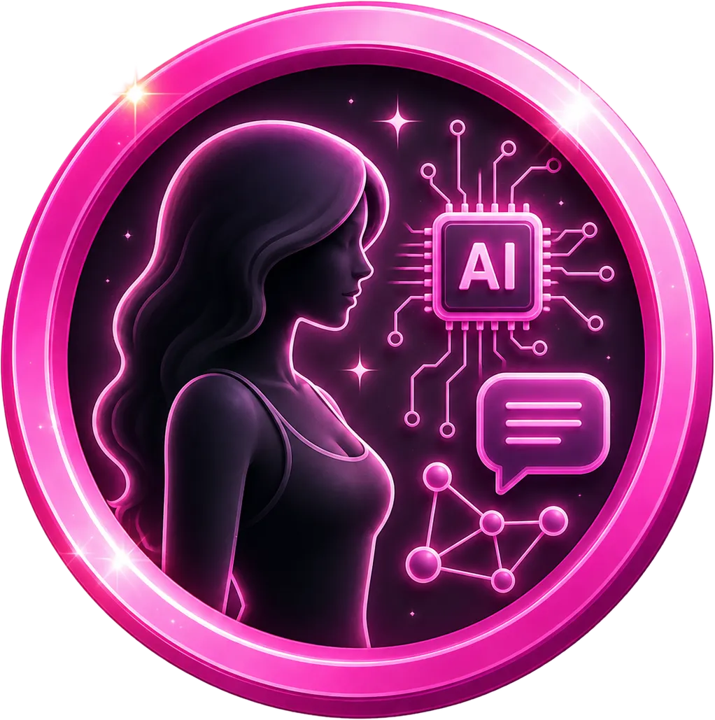 Futuristic AI sex doll icon with a female silhouette, AI chip, and chat symbols representing robot sex dolls and smart companion technology.