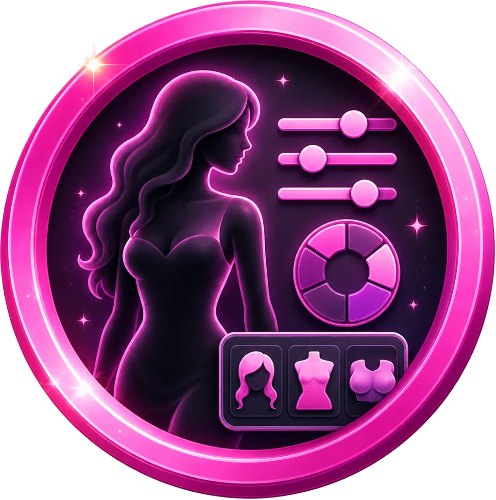 Pink neon sex doll customization icon showing a female doll silhouette with adjustable style options, body choices, and personalized features.