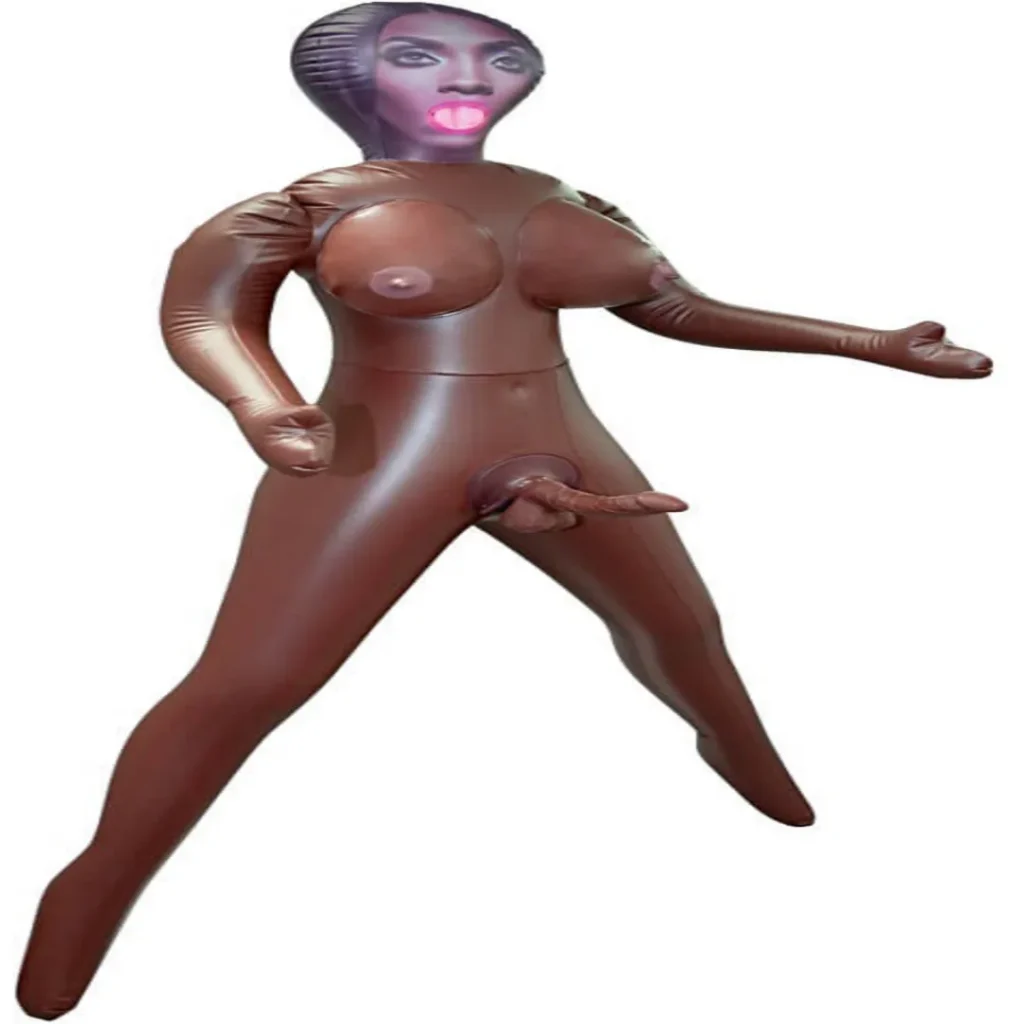 Dark brown inflatable blow up sex doll with printed face and full body adult toy design on a white background