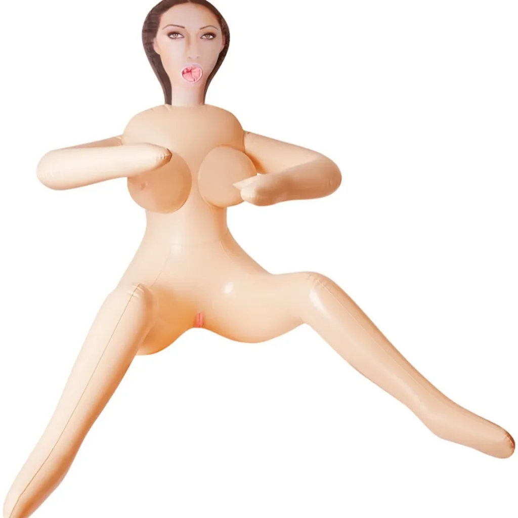 Peach inflatable blow up sex doll with printed face and full body design on a white background
