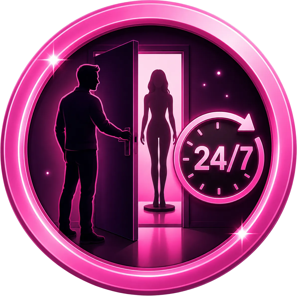 Pink neon 24/7 accessibility icon showing a man opening a door to a tasteful sex doll silhouette, representing private access and confidence.