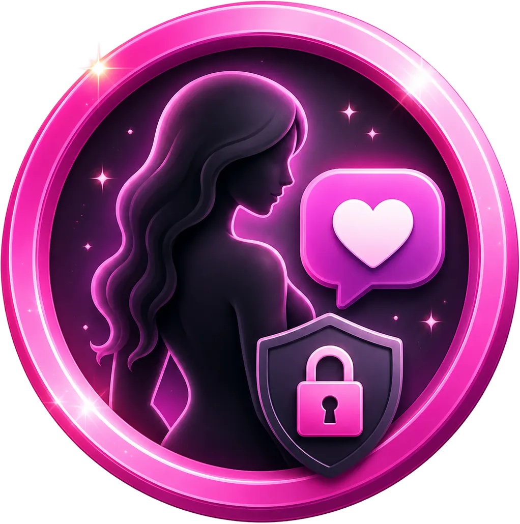 Silhouette-style sex doll companion icon showing private adult intimacy, discretion, and personal use in a pink neon circular badge.