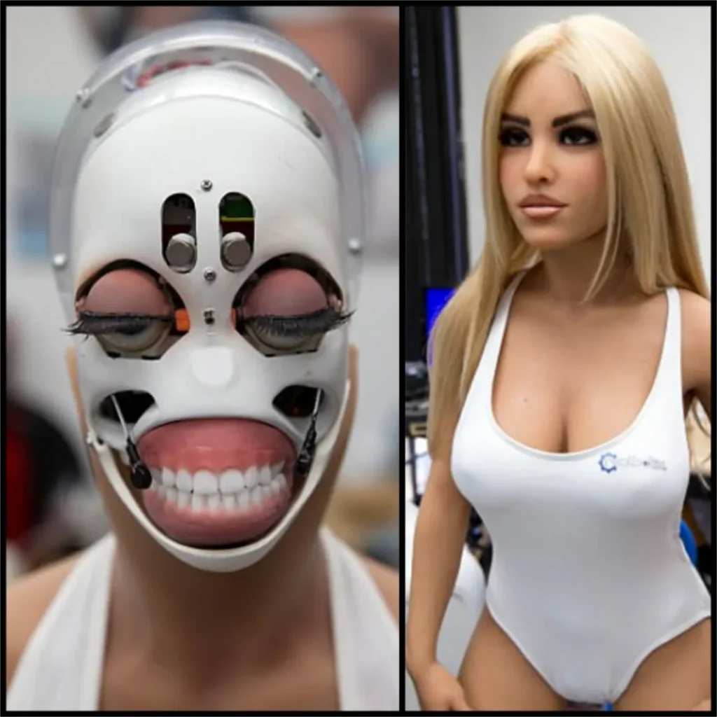 Robot sex dolls facial robotics mechanism beside a finished blonde lifelike doll body in a white outfit