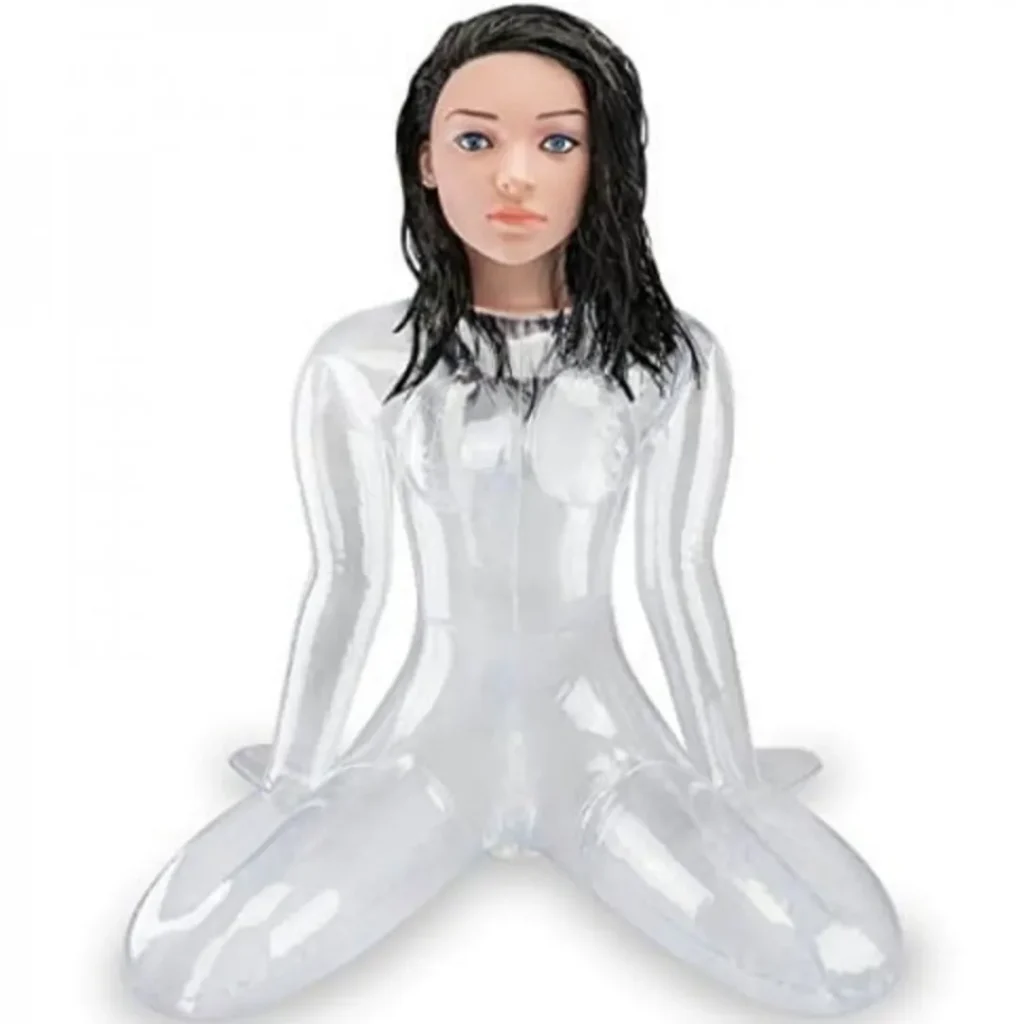 Transparent inflatable blow up sex doll with black hair and seated full body design on a white background